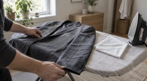 Kädet asettelevat ryppyistä villakangastakkia silityslaudalle puvun silittämistä varten