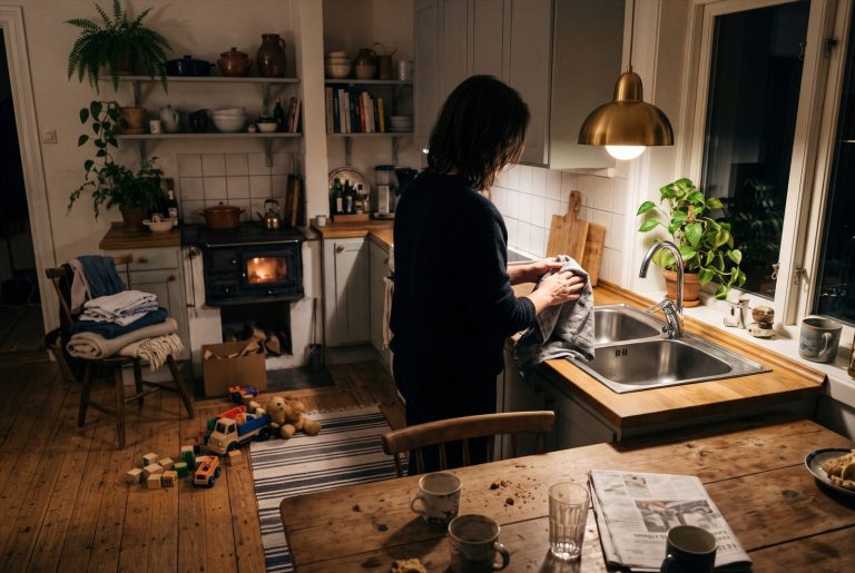 Aikuinen kuivaa käsiään tiskialtaan ääressä iltavalaistussa keittiössä, lattialla leluja ja tuolilla pyykkiä