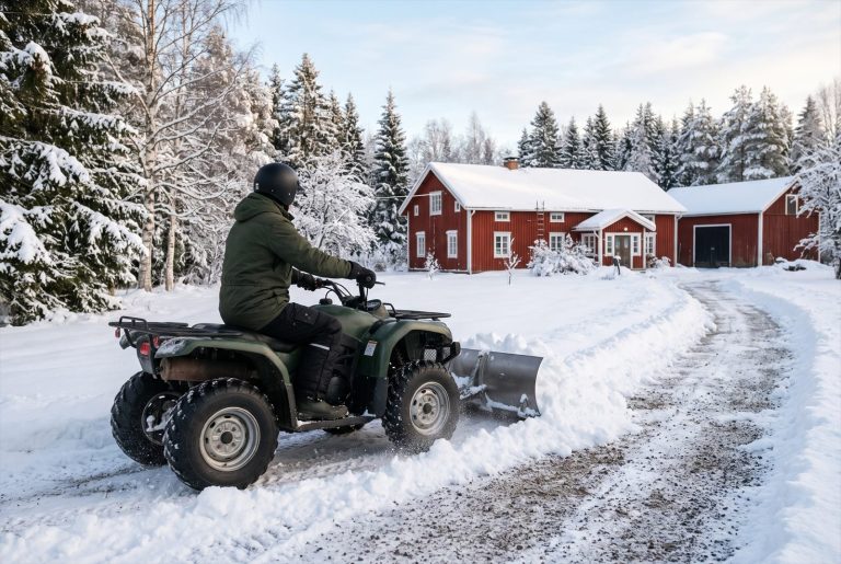Mönkijä auraa lunta etuauralla sorapihatieltä punaisen maalaistalon edessä talviaamuna