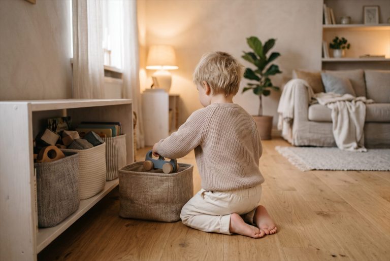 Lapsi laittaa leluauton matalaan avokoriin olohuoneen lattialla