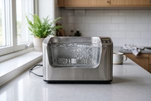 Ultraäänipesurin altaassa värähtelevä vesi ja pesukorissa metallinen kellonranneke ja ruuveja